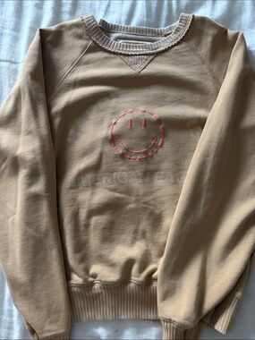 American Eagle Outfitters Tan Crewneck Sweatshirt with Pink Smiley